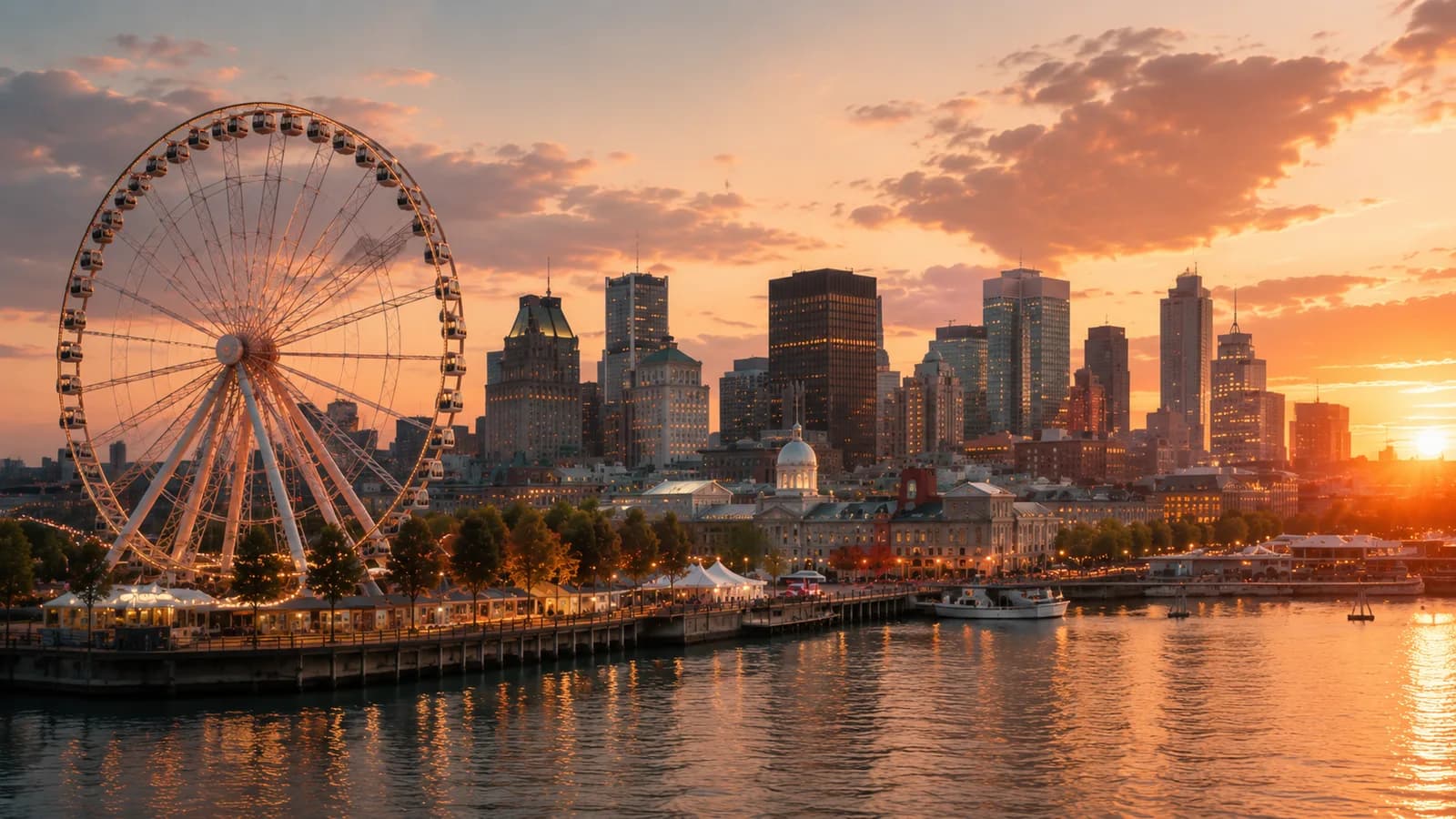 Vue de Montréal au coucher du soleil avec la grande roue et la ligne d'horizon.