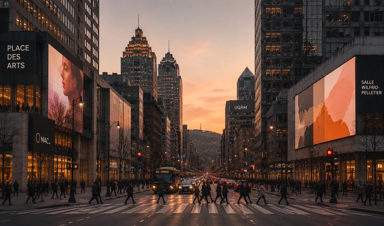 Centre-ville de Montréal au coucher du soleil, vu depuis la Place des Arts.